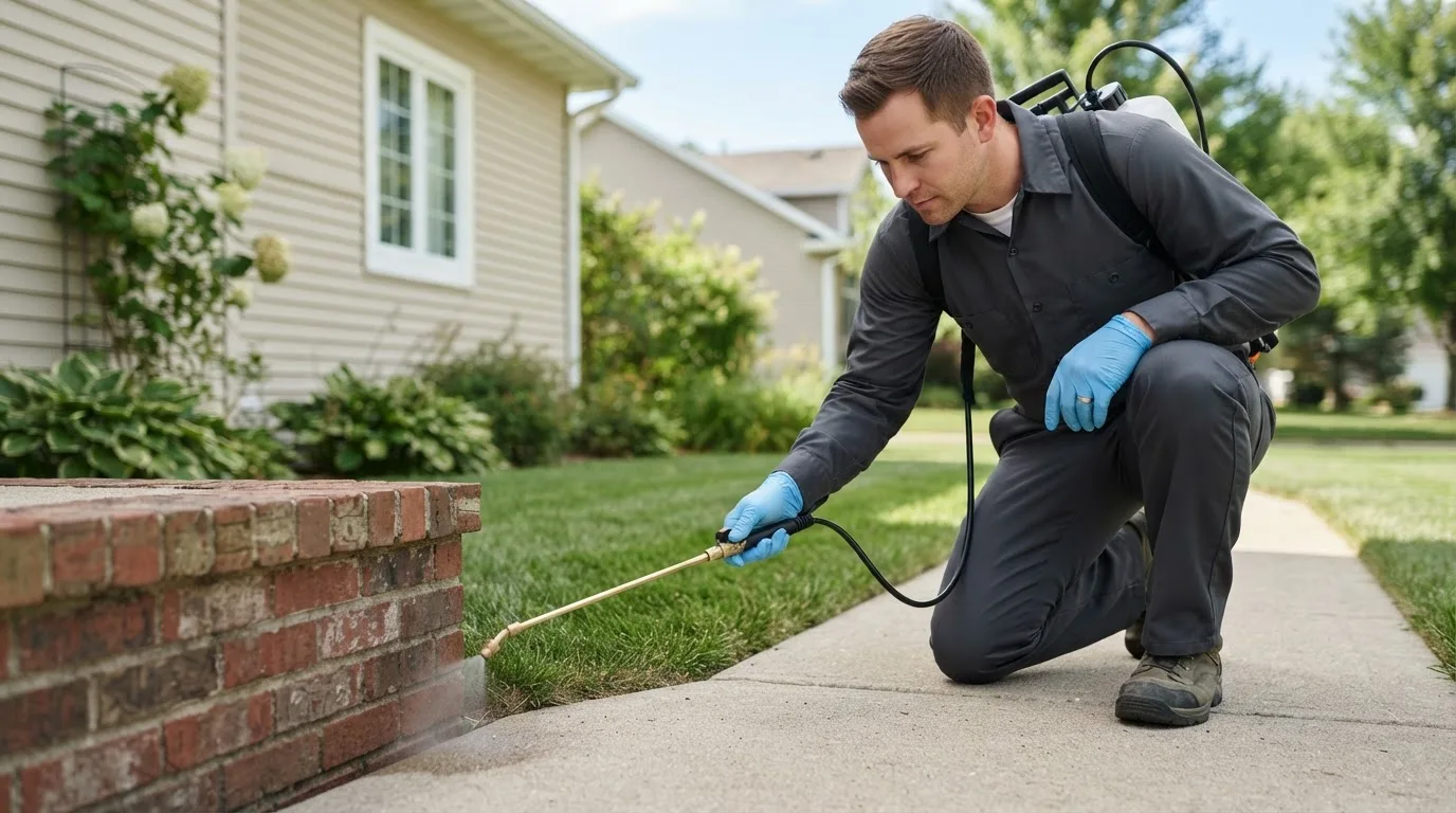 Pest control technician treating a home near Mechanicsville, IA