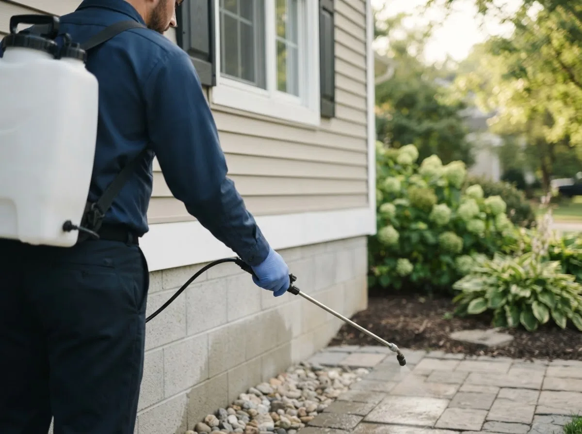 Pest control technician inspecting a home in Mechanicsville, IA